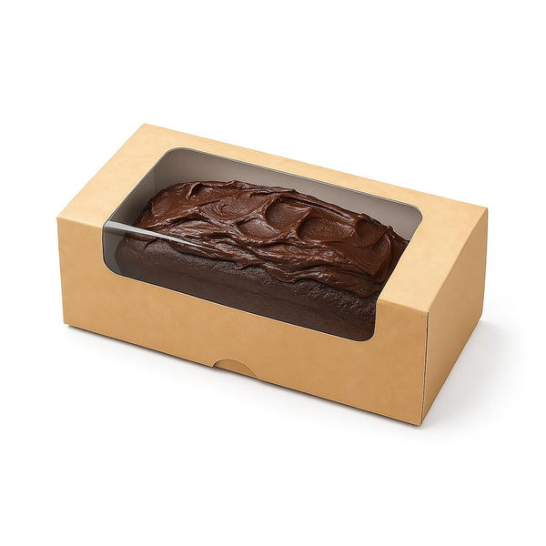 Caja con visor budín inglés en cartulina beige 20x8x7.5 cm