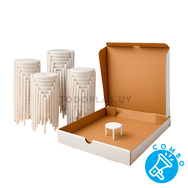 COMBO: Pack 50 cajas de pizza BLANCA (32x32 cm) + 50 TRÍPODES para pizza