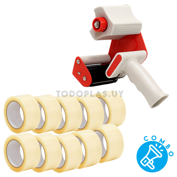 Combo Dispensador de Cinta + 10 Rollos de Cinta Transparente 4.8cm x 90mts
