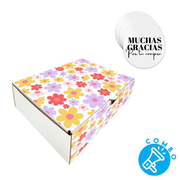 Combo Primavera #2 - Caja Blanca 24x18x6.5cm + Adhesivo circular - Pack x10