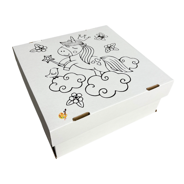 Caja Plus para colorear -UNICORNIO  blanca - 2 medidas - Pack x10