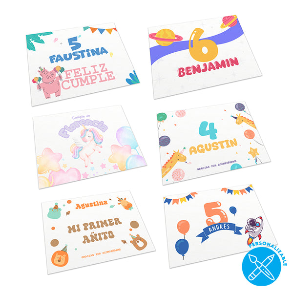 Manteles Individuales Para Cumpleaños Infantiles - Nombre y Número Personalizado - Pack x20