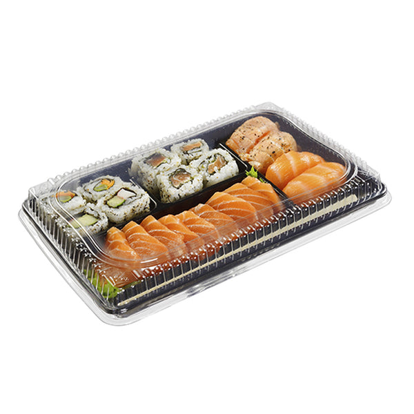 Bandeja sushi base negra con tapa separada 5 divisiones - 22x13x3.5 cm