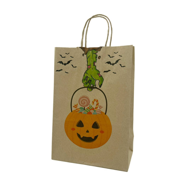 Bolsa Papel kraft con diseño Mano y Calabaza Halloween - 2 medidas - Pack x20