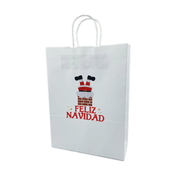 Bolsa Papel Blanca con diseño Papa Noel y chimenea - 3 medidas