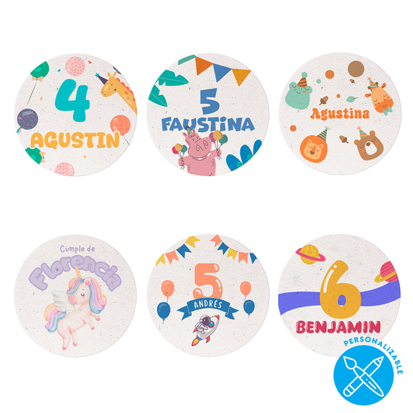 Posavasos Cumpleaños Infantiles - Nombre y Número Personalizado - Pack x20