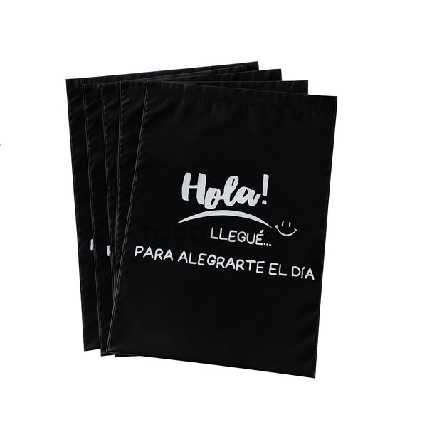 Bolsa envios ecommerce negra con FRASE y cierre adhesivo 30x40cm