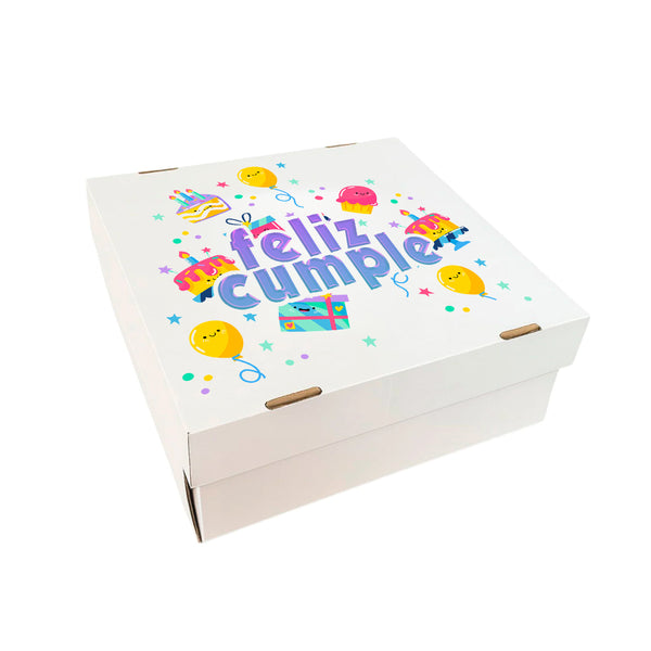 Caja Blanca Tapa separada Diseño Feliz Cumple #3 - Regalos - Postres - Multiuso - 2 Medidas - Pack x5