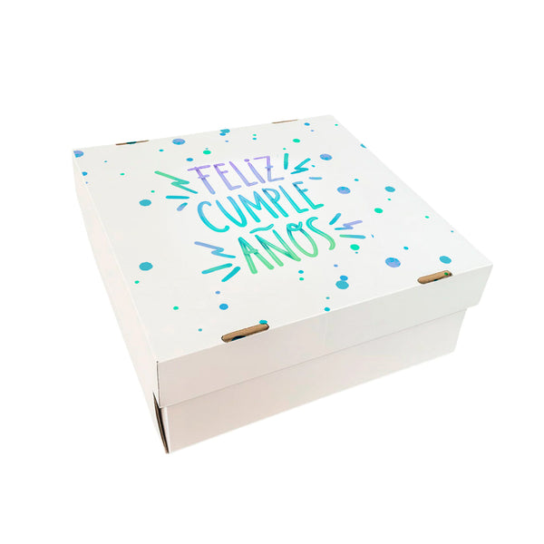 Caja Blanca Tapa separada Diseño Feliz Cumple #4 - Regalos - Postres - Multiuso - 2 Medidas - Pack x5