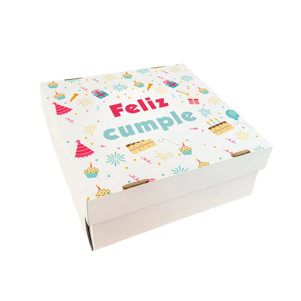 Caja Blanca Tapa separada Diseño Feliz Cumple #2 - Regalos - Postres - Multiuso - 2 Medidas - Pack x5