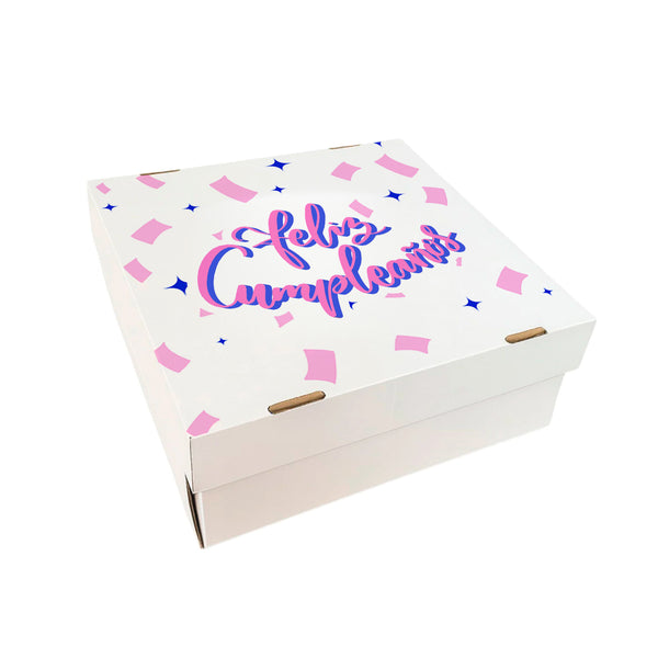 Caja Blanca Tapa separada Diseño Feliz Cumple #1 - Regalos - Postres - Multiuso - 2 Medidas - Pack x5