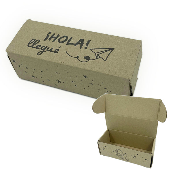 Caja BOX D microcorrugada 19x7x7 cm - diseño ¡Hola! llegué - Pack x15