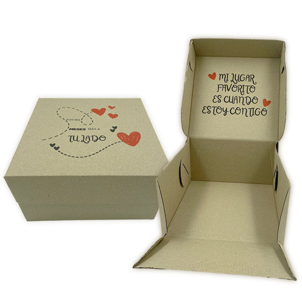 Caja ROMY microcorrugada marrón - 22x22x12 cm - Diseño feliz aniversario