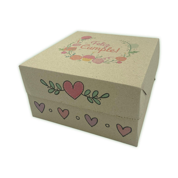 Caja ROMY microcorrugada marrón - 22x22x12 cm - Diseño feliz cumple