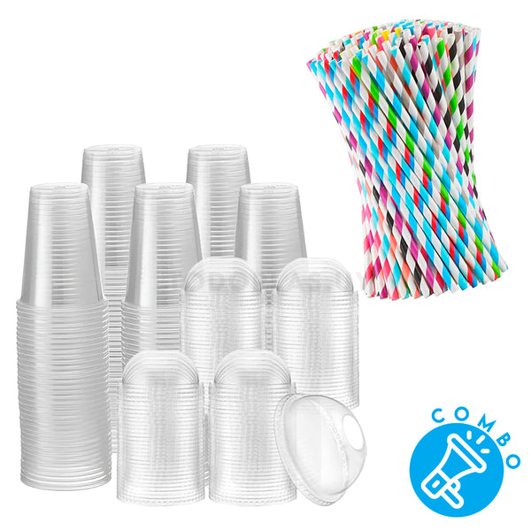 Combo Pack 50 Vasos PP (400/500ml)+ 50 tapas (DOMO) + 50 sorbitos multicolor (6mm)