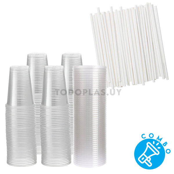 Combo Pack 50 Vasos PP (400/500ml) + 50 tapas (PLANA) + 50 sorbitos blancos (10mm)