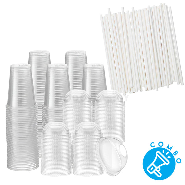 Combo Pack 50 Vasos PP (400/500ml) + 50 tapas (DOMO) + 50 sorbitos blancos (10mm)