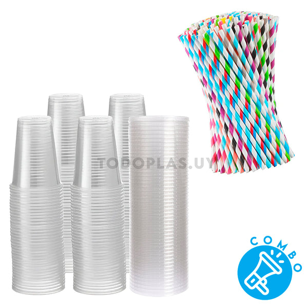 Combo Pack 50 Vasos PP (400/500ml)+ 50 tapas (PLANA) + 50 sorbitos multicolor (6mm)