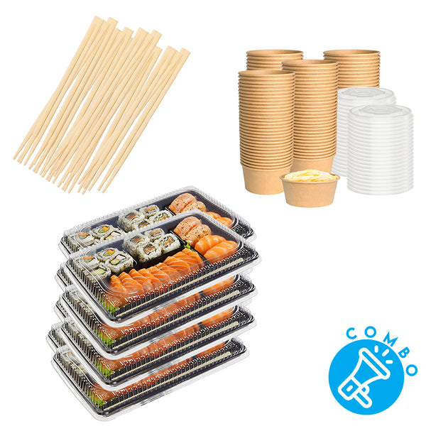 Combo Bandeja sushi tapa separada 5 divisiones - 22x13x3.5 + 50 pares de palitos para sushi + 50 Salseros polipapel kraft con tapa 45/60ml