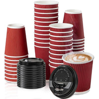 Vaso para café con protector corrugado ROJO PREMIUM con tapa 240/360 ml - Pack x50