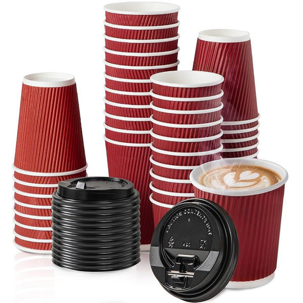 Vaso para café con protector corrugado ROJO PREMIUM con tapa 240/360 ml - Pack x50