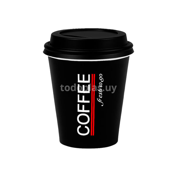 Vaso de polipapel café DECORADO NEGRO con tapa negra 180/240ml - Pack x50